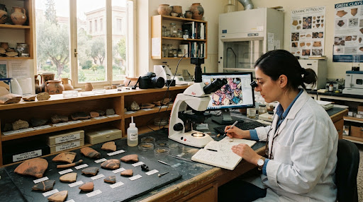 Ceramic thin sections under the microscope in the Fitch Laboratory